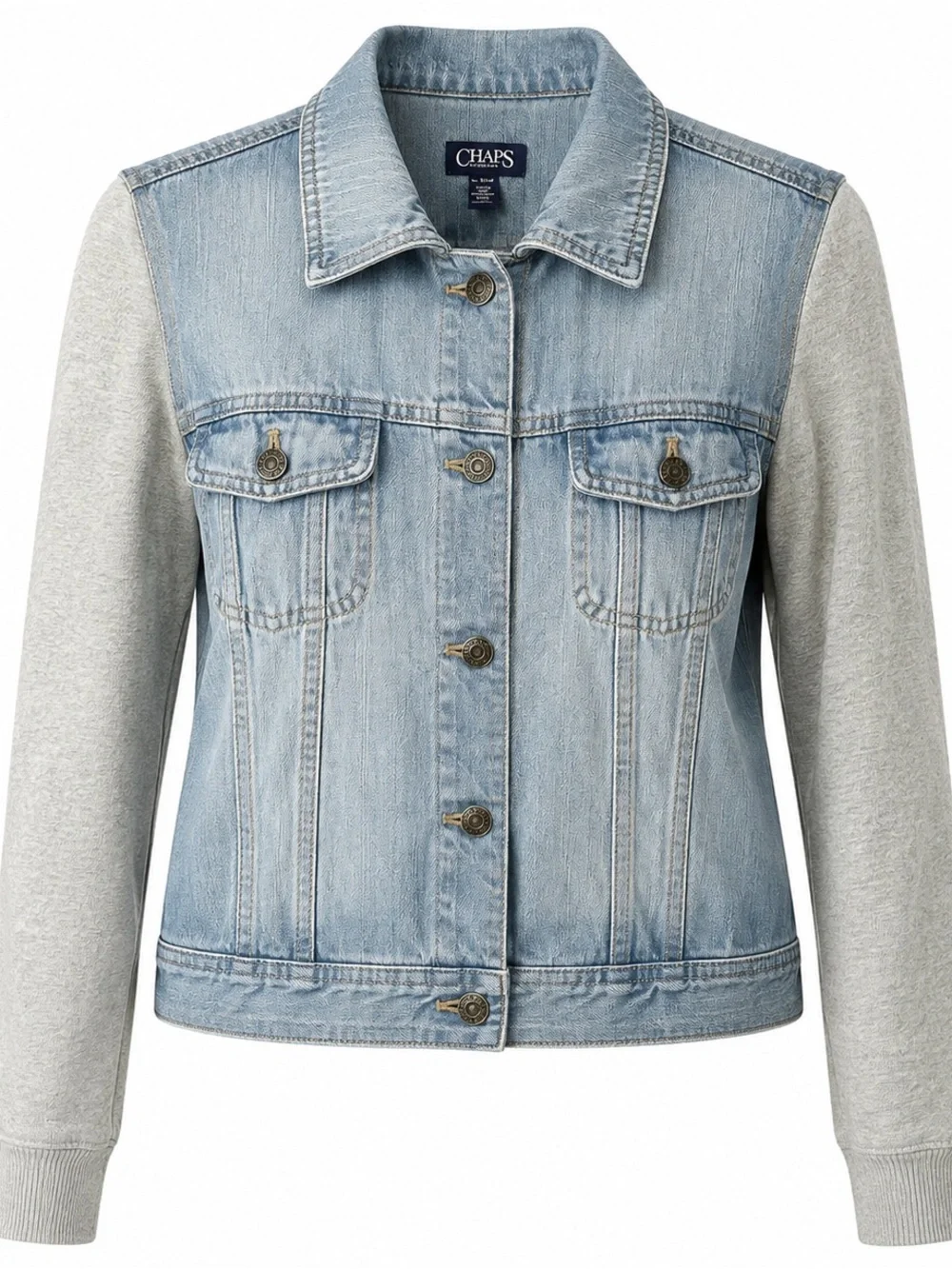 Chaps Mixed Media Denim Jacket Gray Terry Sleeves Size L